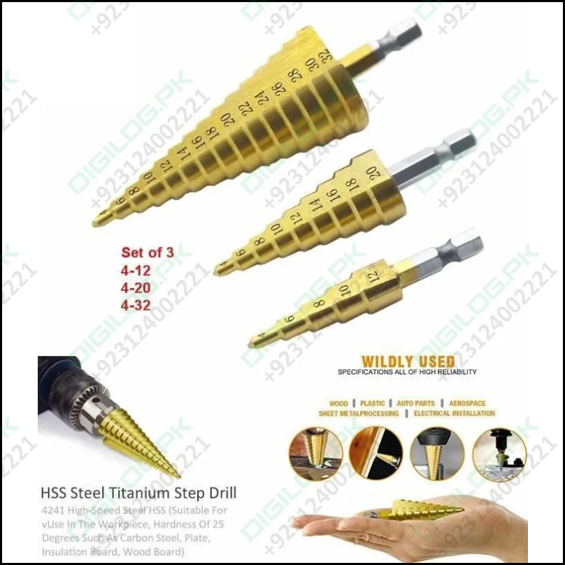 3pcs Hss Titanium Coated Step Drill Bit Set 1/4 Hex Shank