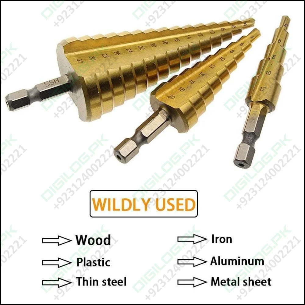 3pcs Hss Titanium Coated Step Drill Bit Set 1/4 Hex Shank