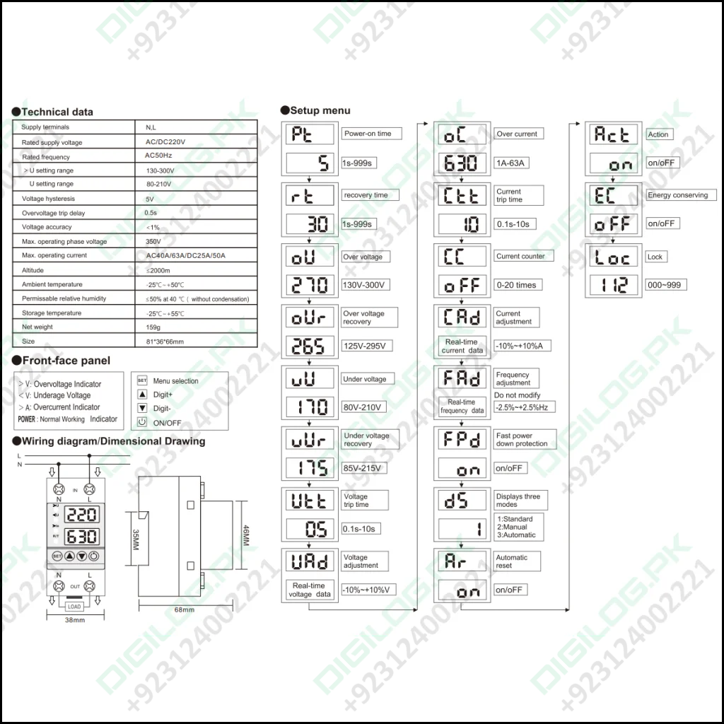 63a 230v Adjustable Over Under Voltage Protector Ampere